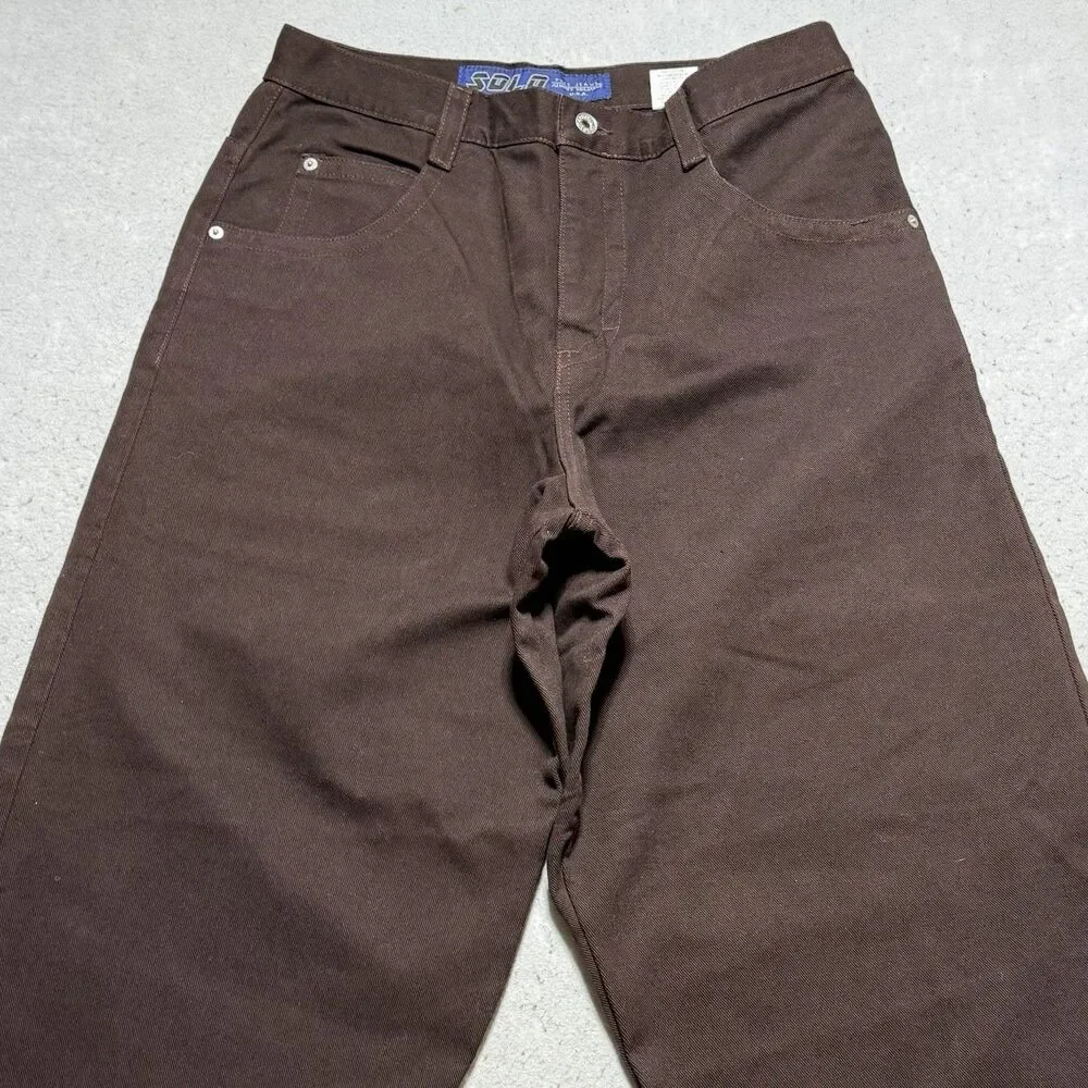VTG Solo Semore Brown Baggy Embroidered Denim Jeans 34x30 90s USA Y2K Wide Jnco